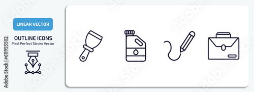 construction tools outline icons set. construction tools thin line icons pack included putty knife, gallon oil, drawing, businessman portfolio vector.
