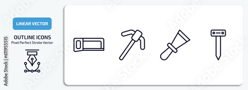 construction tools outline icons set. construction tools thin line icons pack included metal saw, gardening digger, scratcher tool, boning rod vector.