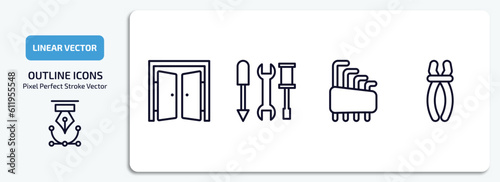 construction outline icons set. construction thin line icons pack included doors open, three tools, hex key, inclined clippers vector.