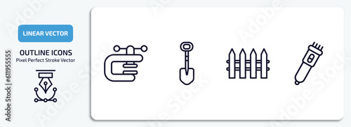 construction outline icons set. construction thin line icons pack included vise, interior de, garden fence, clippers vector.