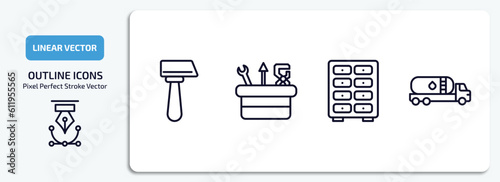 construction outline icons set. construction thin line icons pack included inclined hammer, tool box, big clo, tank truck vector.