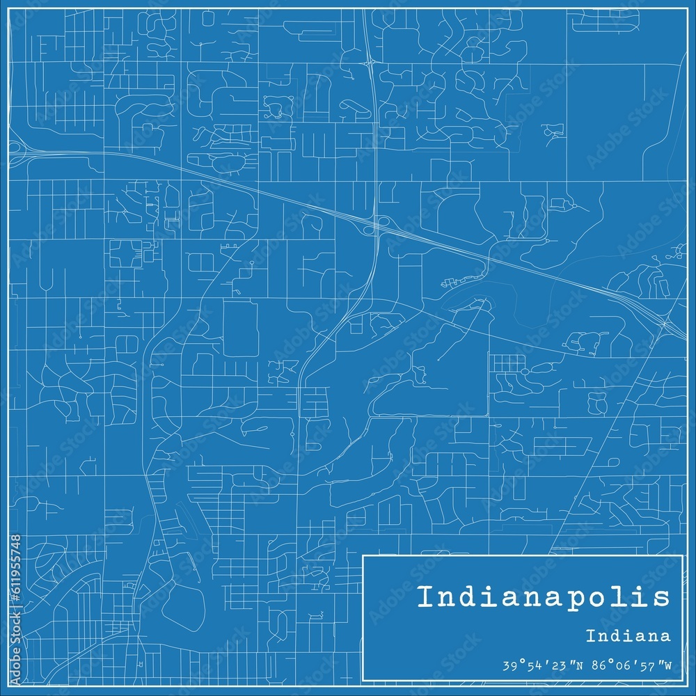 Blueprint US city map of Indianapolis, Indiana.
