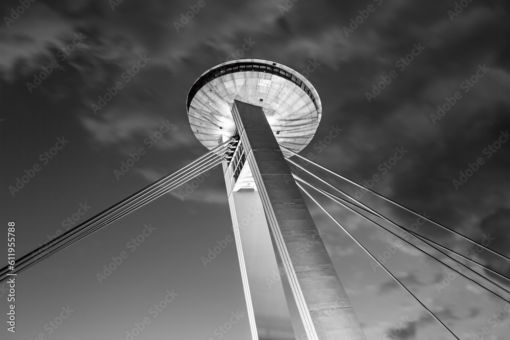 Ufo Bratislava Slovakia, Tall pylon of UFO Bridge across Danube river in Bratislava with (UFO) shaped restaurant on top.