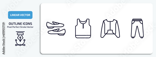 clothes outline icons set. clothes thin line icons pack included loafer, tank top, nylon jacket, sweatpants vector.