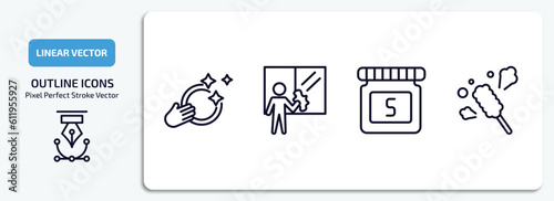 cleaning outline icons set. cleaning thin line icons pack included washing dishes, window cleaner, solvent, duster vector.