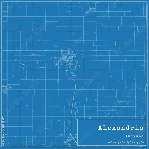 Blueprint US city map of Alexandria, Indiana.