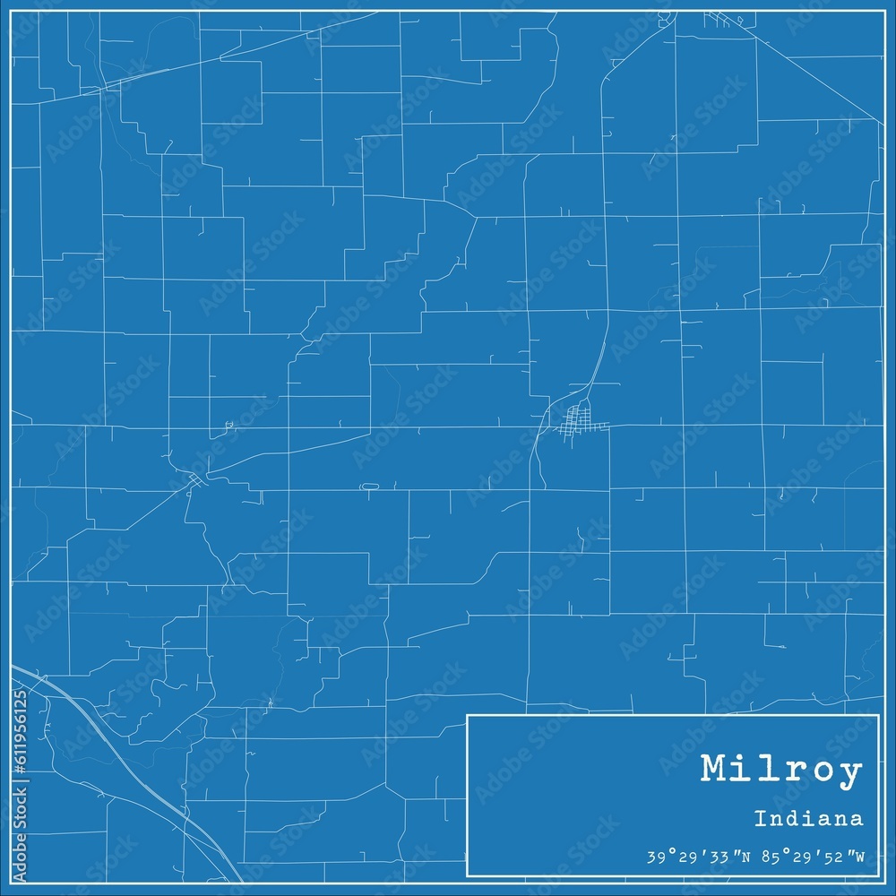 Obraz premium Blueprint US city map of Milroy, Indiana.