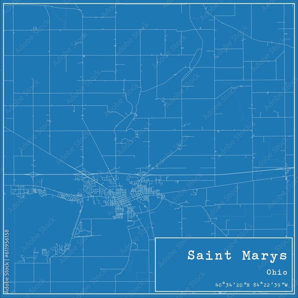 Blueprint US city map of Saint Marys, Ohio.