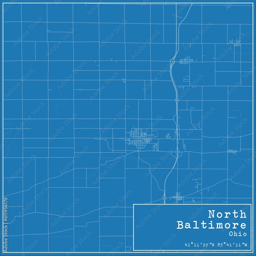 Blueprint US city map of North Baltimore, Ohio.