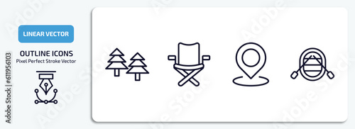 camping outline icons set. camping thin line icons pack included forest, camp chair, location, raft vector.