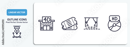 cinema outline icons set. cinema thin line icons pack included movie theater, two movie tickets, cinema screen, hd dvd vector.