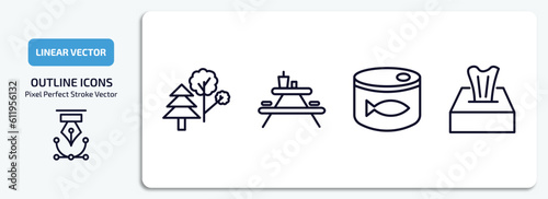 camping outline icons set. camping thin line icons pack included trees, camp table, sardine, tissue vector.