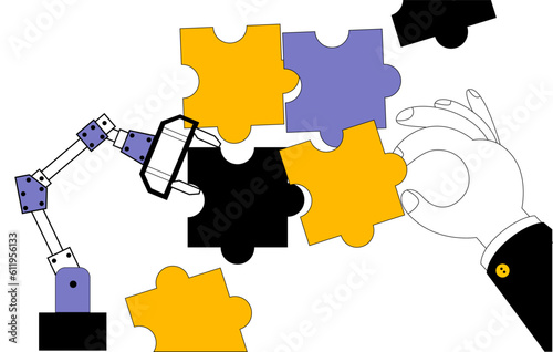 A human hand and a robot hand assemble puzzles together. Artificial intelligence and humans working together. Vector illustration on the theme of human-robot interaction in solving work tasks.