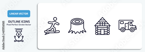 camping outline icons set. camping thin line icons pack included surfing, stump, cabin, camper van vector.