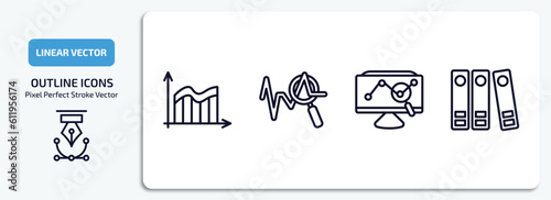business and finance outline icons set. business and finance thin line icons pack included data wave, sine waves analysis, stock market, binder vector.