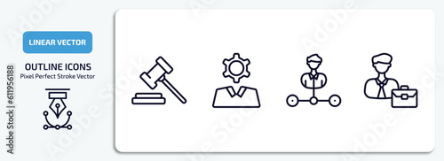 business outline icons set. business thin line icons pack included trial hammer, business skills, department head, worker vector.