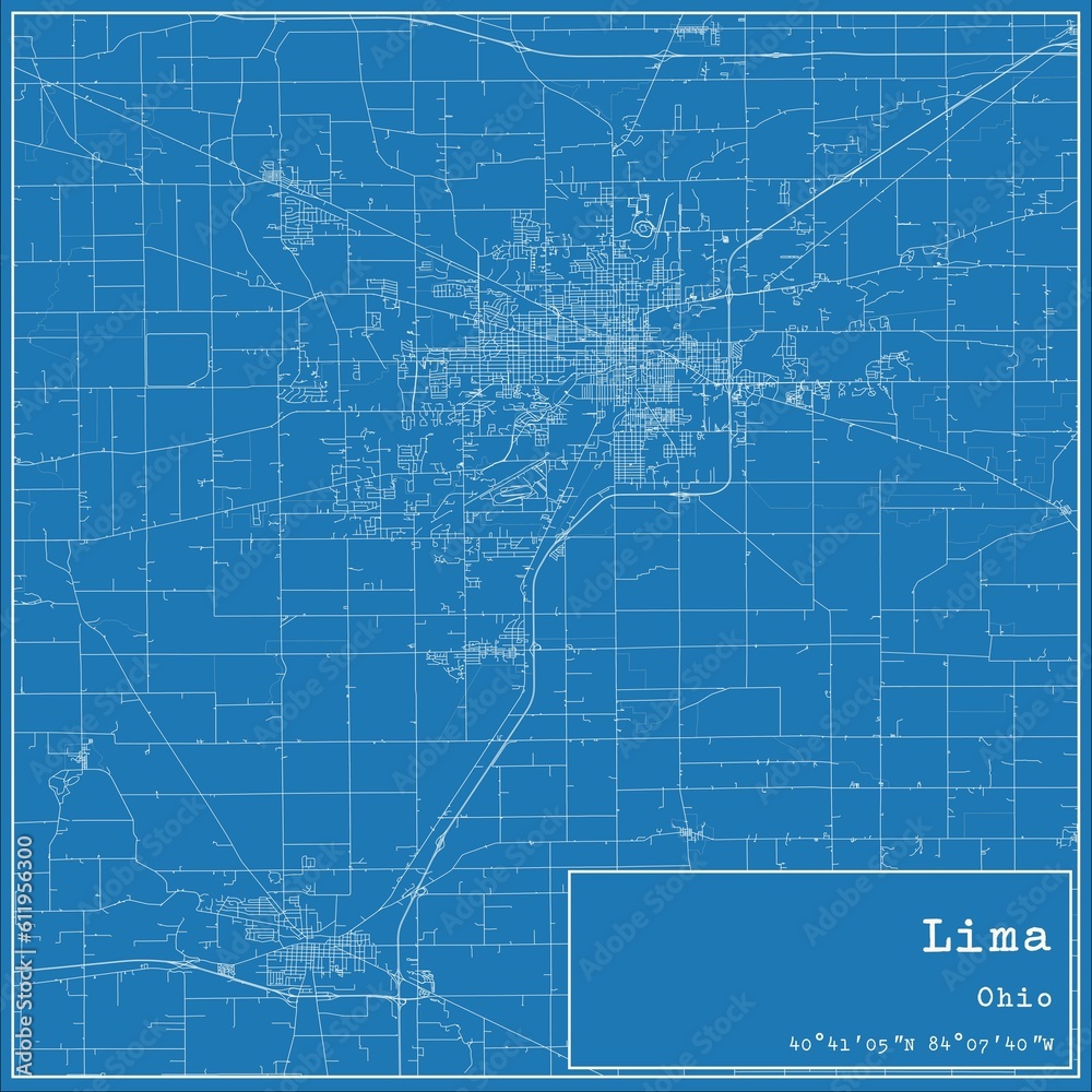 Blueprint US city map of Lima, Ohio.
