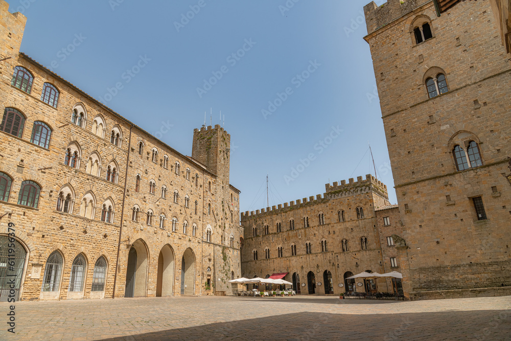 View of the main square of the small and famous town of Volterra, Italy