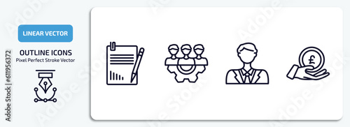 business outline icons set. business thin line icons pack included profit report, work parteners, man with solutions, pound coin on hands vector. photo