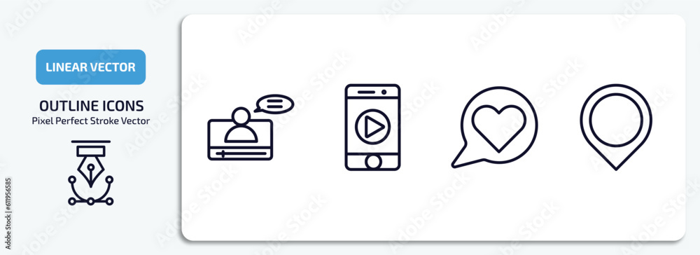 blogger and influencer outline icons set. blogger and influencer thin line icons pack included vlogger, mobile video, like, placeholder vector.