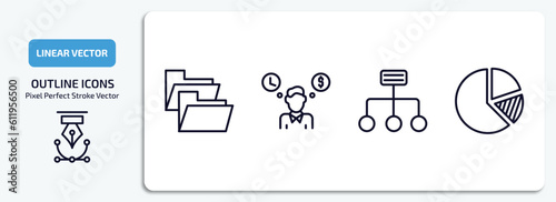 business outline icons set. business thin line icons pack included two folders, worker money time, structure, pie chart statistics vector.