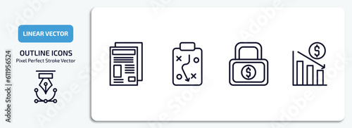 business outline icons set. business thin line icons pack included newspaper page, tactic, safe money, deficit vector.