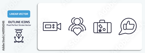 blogger and influencer outline icons set. blogger and influencer thin line icons pack included camcorder, community, suitcase, likes vector.