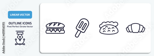 bistro and restaurant outline icons set. bistro and restaurant thin line icons pack included long sandwich, ice pop, pita bread, bakery croissant vector.
