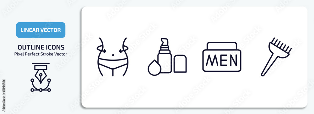 Fototapeta premium beauty outline icons set. beauty thin line icons pack included women waist, concealer, men cream, tint brush vector.