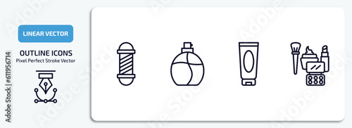 beauty outline icons set. beauty thin line icons pack included barber shop, round perfume bottle, cream tube, makeup vector.
