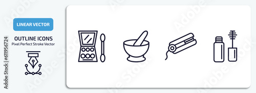 beauty outline icons set. beauty thin line icons pack included big makeup box, mortar bowl, flat iron, mascara vector.