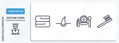 beauty outline icons set. beauty thin line icons pack included folded towel, hair, make up, toothbrush vector.