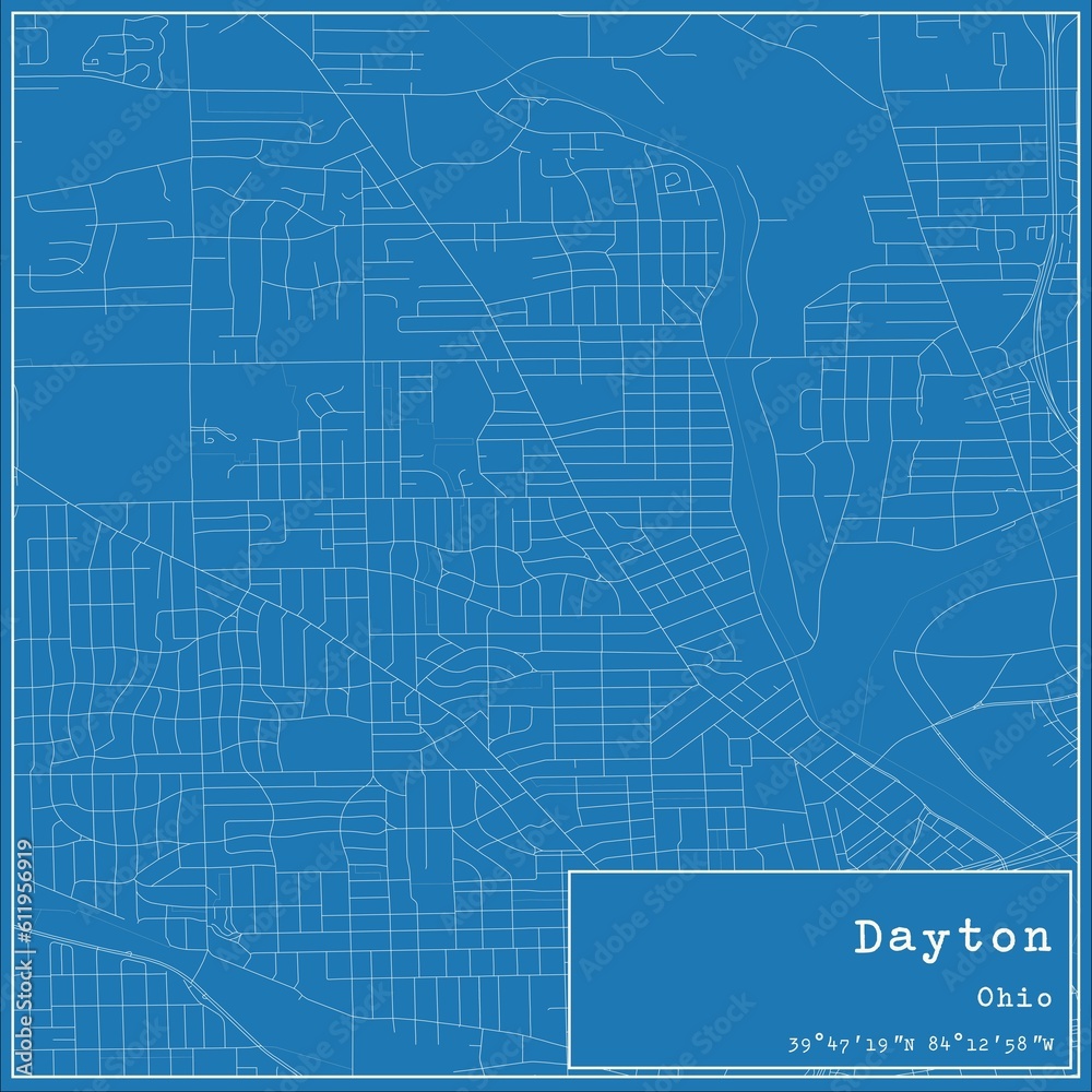 Blueprint US city map of Dayton, Ohio.