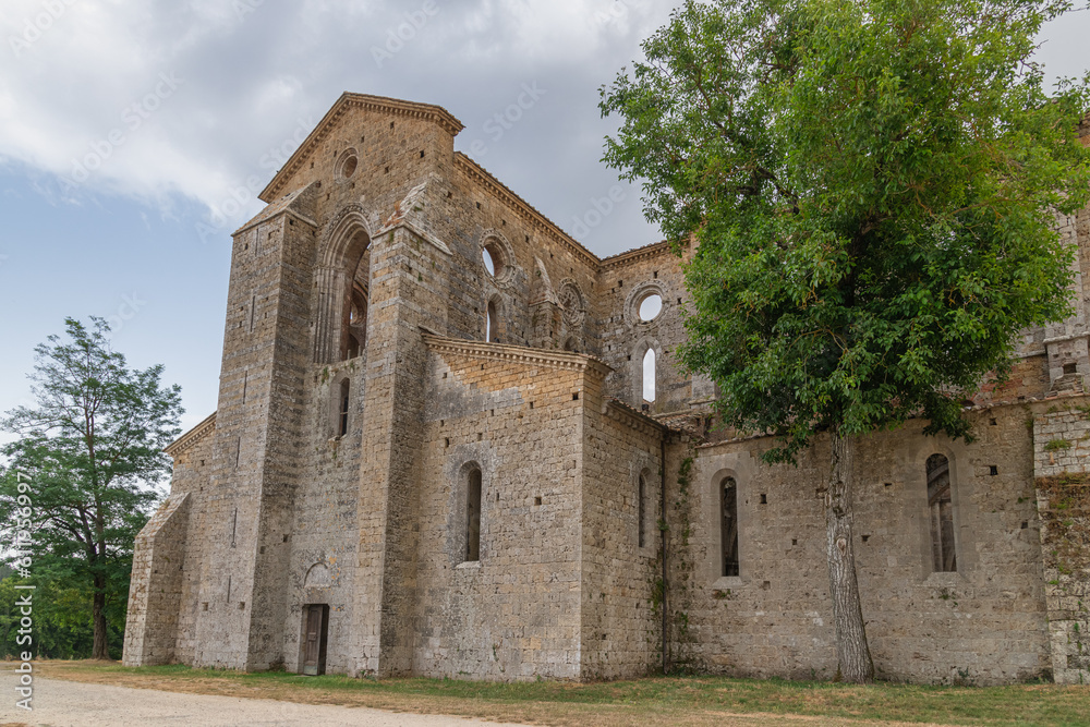 San Galgano abbey in Chiusdino, Siena, Tuscany, Italy. Roofless nave with colonnade of the medieval Gothic style church