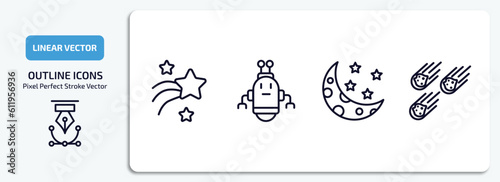 astronomy outline icons set. astronomy thin line icons pack included shooting star, space robot, half moon, meteorites vector.