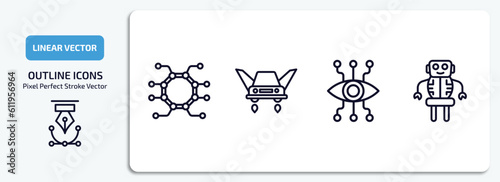 artificial intelligence outline icons set. artificial intelligence thin line icons pack included unsupervised learning, fyling vehicle, bionic eye, robot vector.
