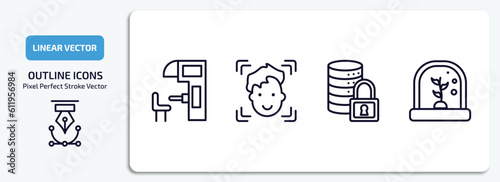 artificial intellegence outline icons set. artificial intellegence thin line icons pack included sensorama, face recognition, secure data, artificial atmosphere vector.