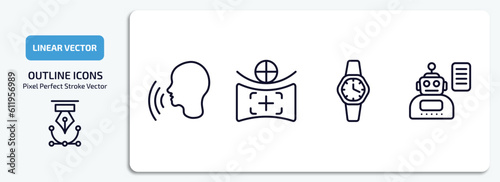 artificial intellegence outline icons set. artificial intellegence thin line icons pack included voice recognition, field of view, wristwatch, laws of robotics vector.