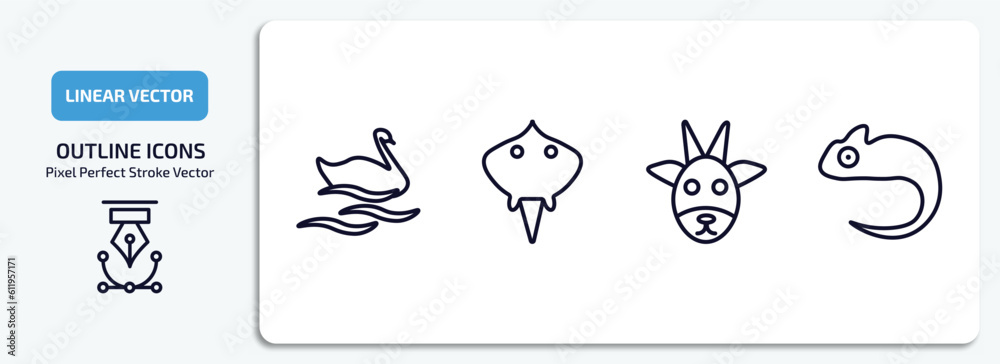 animals outline icons set. animals thin line icons pack included swan, ray, goat, chameleon vector.