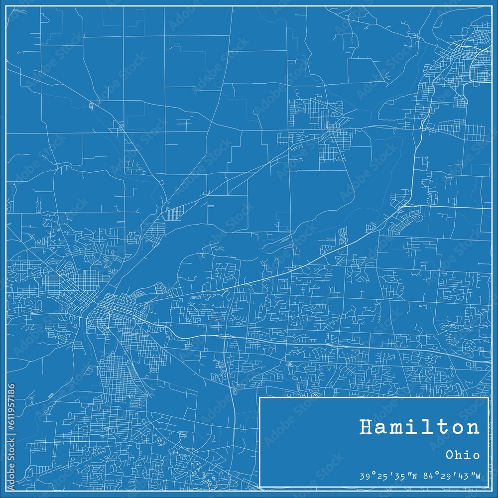 Blueprint US city map of Hamilton, Ohio.