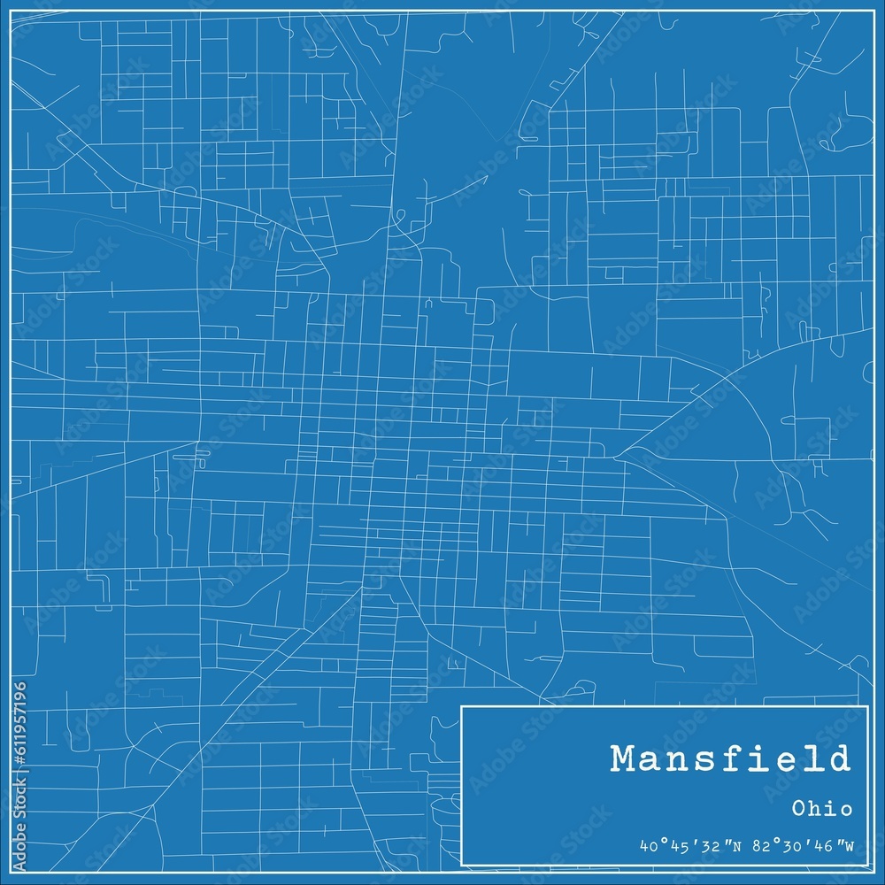 Blueprint US city map of Mansfield, Ohio.