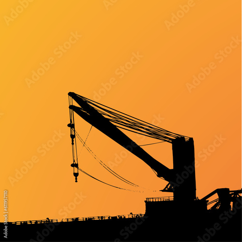 vector illustration of sunset with a ship's crane in silhouette
