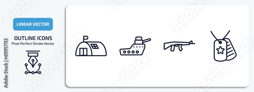 army and war outline icons set. army and war thin line icons pack included bunker, warship, rifle, dog tag vector.