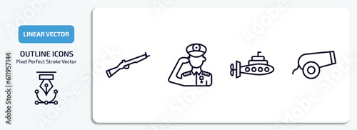 army and war outline icons set. army and war thin line icons pack included bayonet on rifle, salute, submarine front view, canon vector. photo
