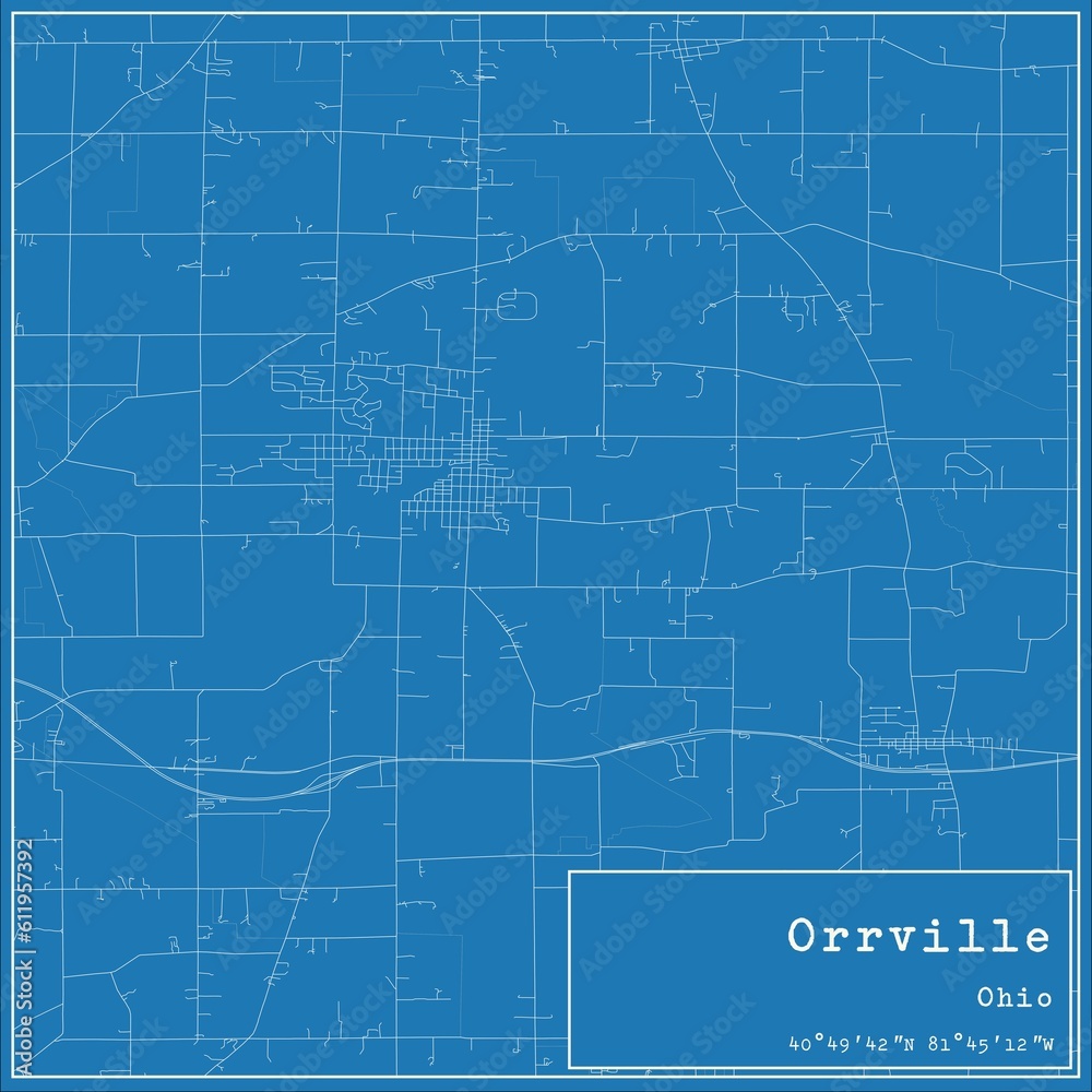 Blueprint US city map of Orrville, Ohio.