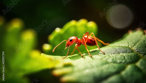 Extreme close up of Red ant on green leaf background. Animal and insect concept. Generative AI © Virtual Art Studio