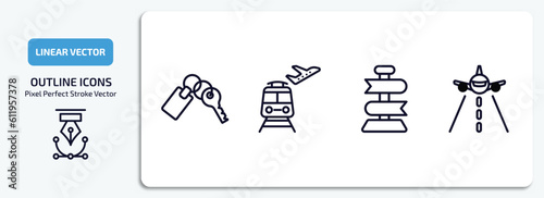 airport terminal outline icons set. airport terminal thin line icons pack included key with key chain, train to the airport, direction post, landing runway vector.