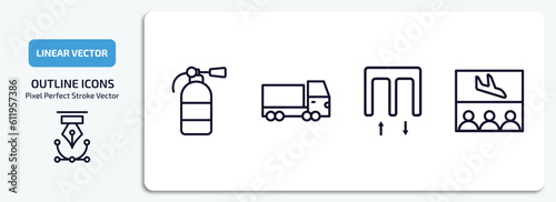 airport terminal outline icons set. airport terminal thin line icons pack included extinguisher, trailer truck, passenger passway, waiting for flight vector.