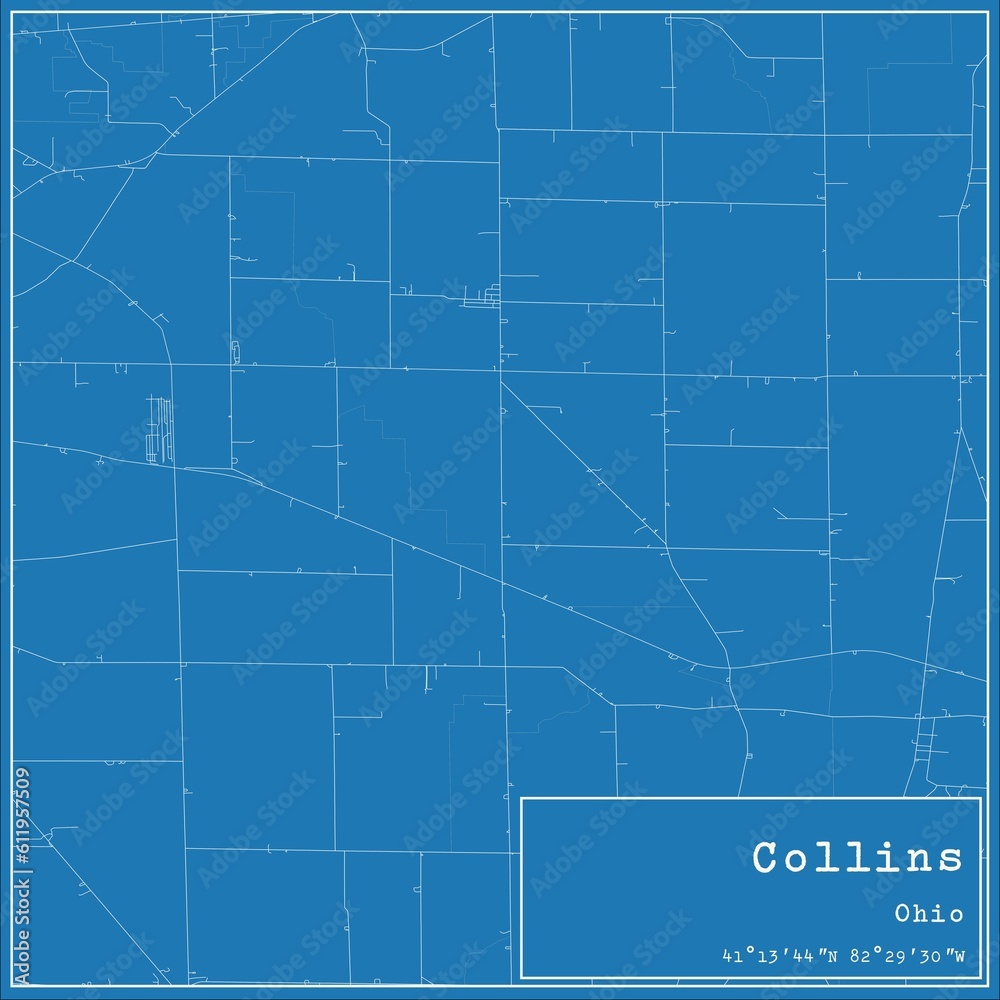 Blueprint US city map of Collins, Ohio.