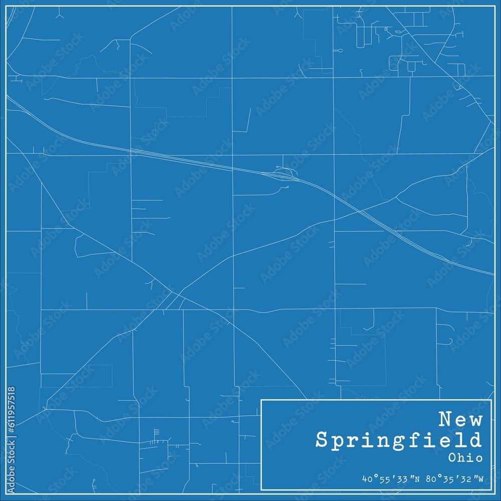 Blueprint US city map of New Springfield, Ohio.